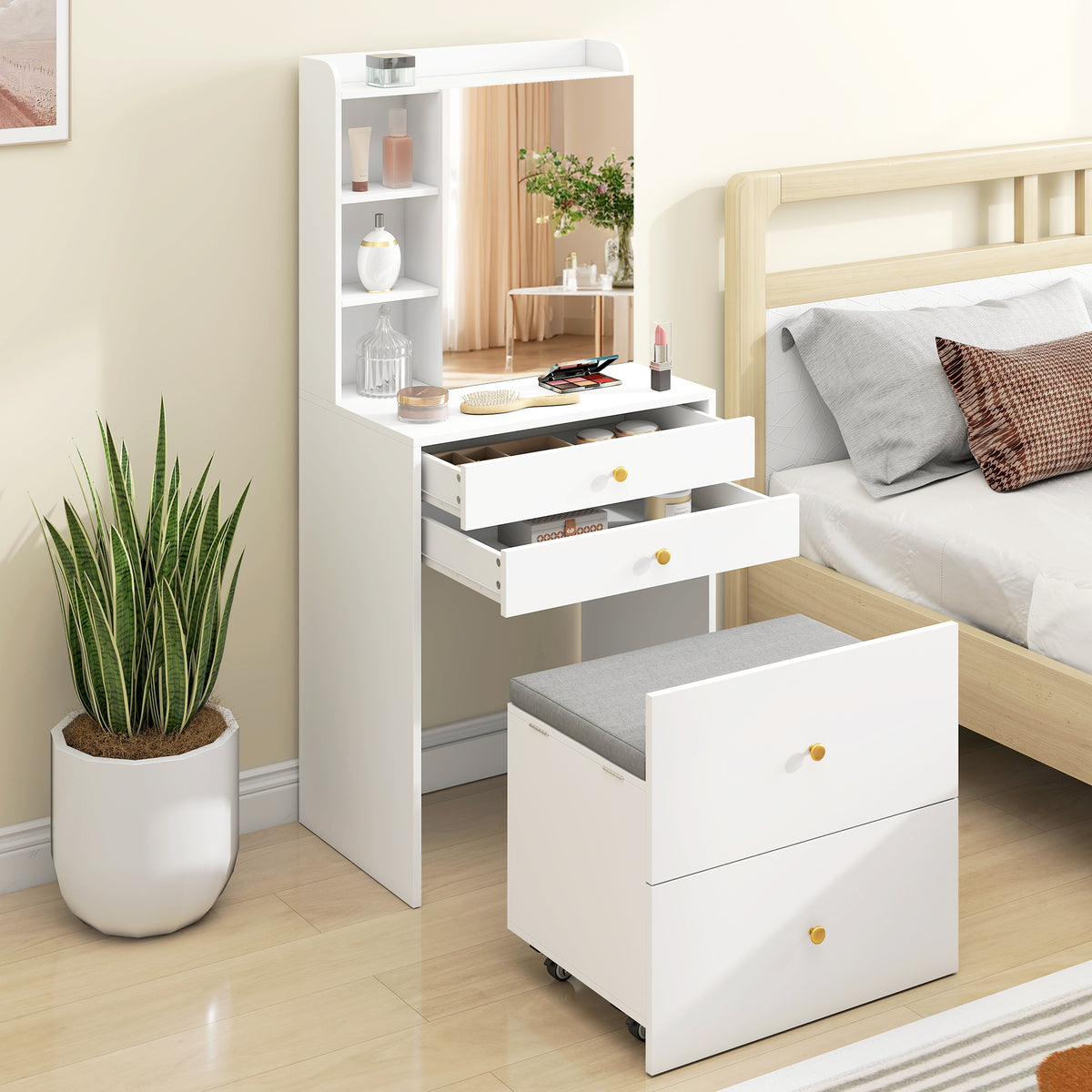HOMCOM Dressing Table With Mirror And Stool, Makeup Desk With Drawers, White