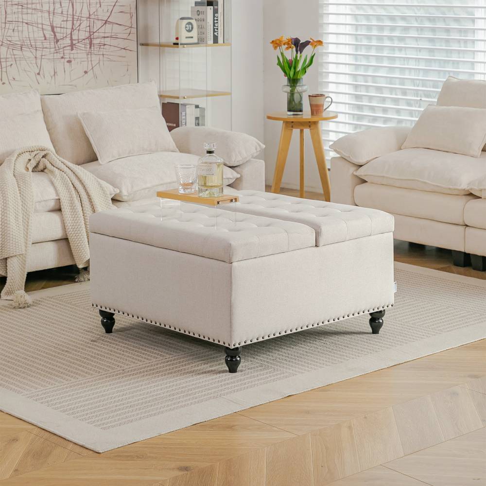 Square Linen Upholstered Storage Ottoman With Lift-top & Flip Design | Beige