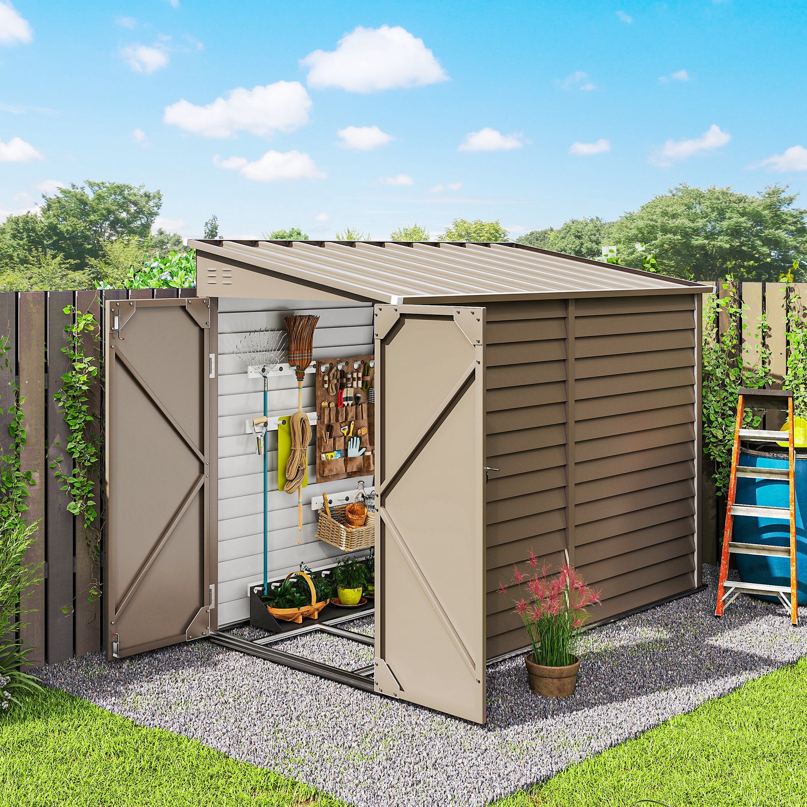 5 X 9ft Galvanised Metal Garden Shed With Foundation Kit | Brown