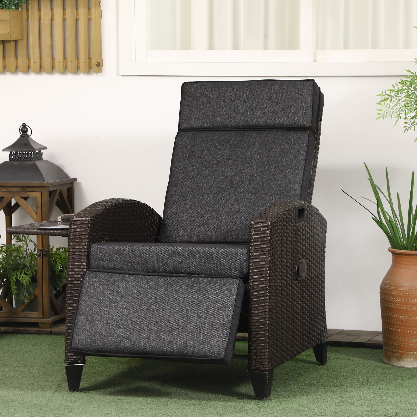 Outdoor Recliner Chair W/ Cushion, Pe Rattan Reclining | Dark Gray