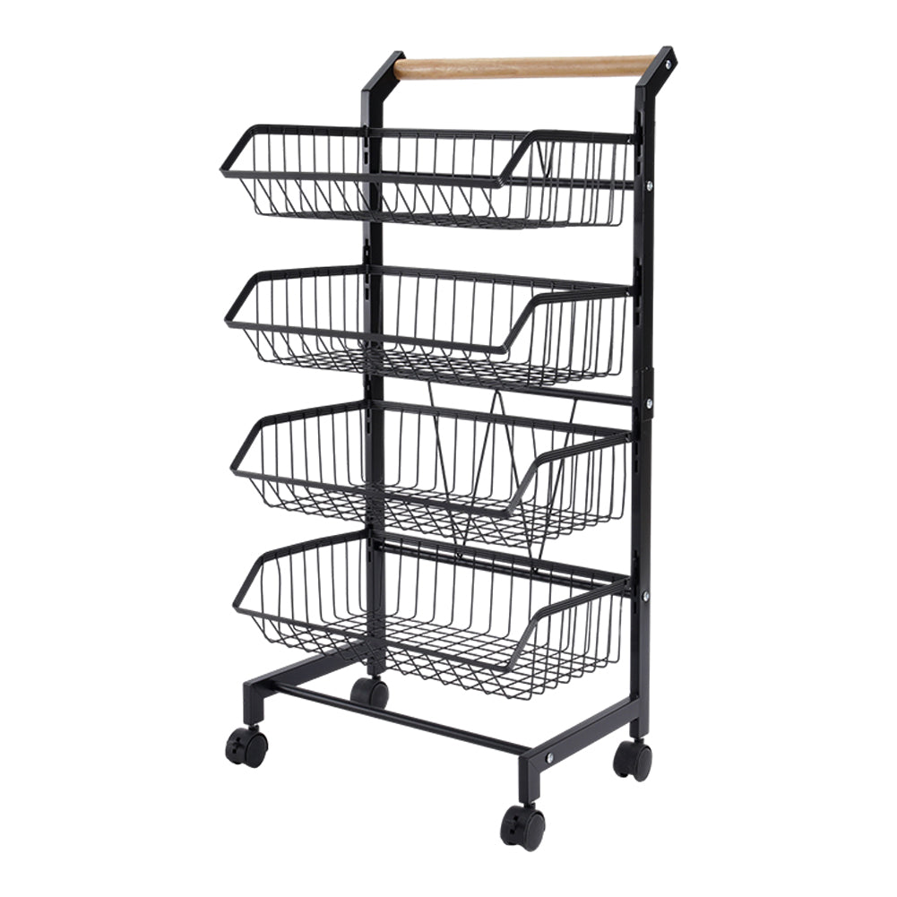 3/4/5-tier Adjustable Black Carbon Steel Storage Cart Rolling Utility Organizer Trolley With Wooden Handle | Medium | Black