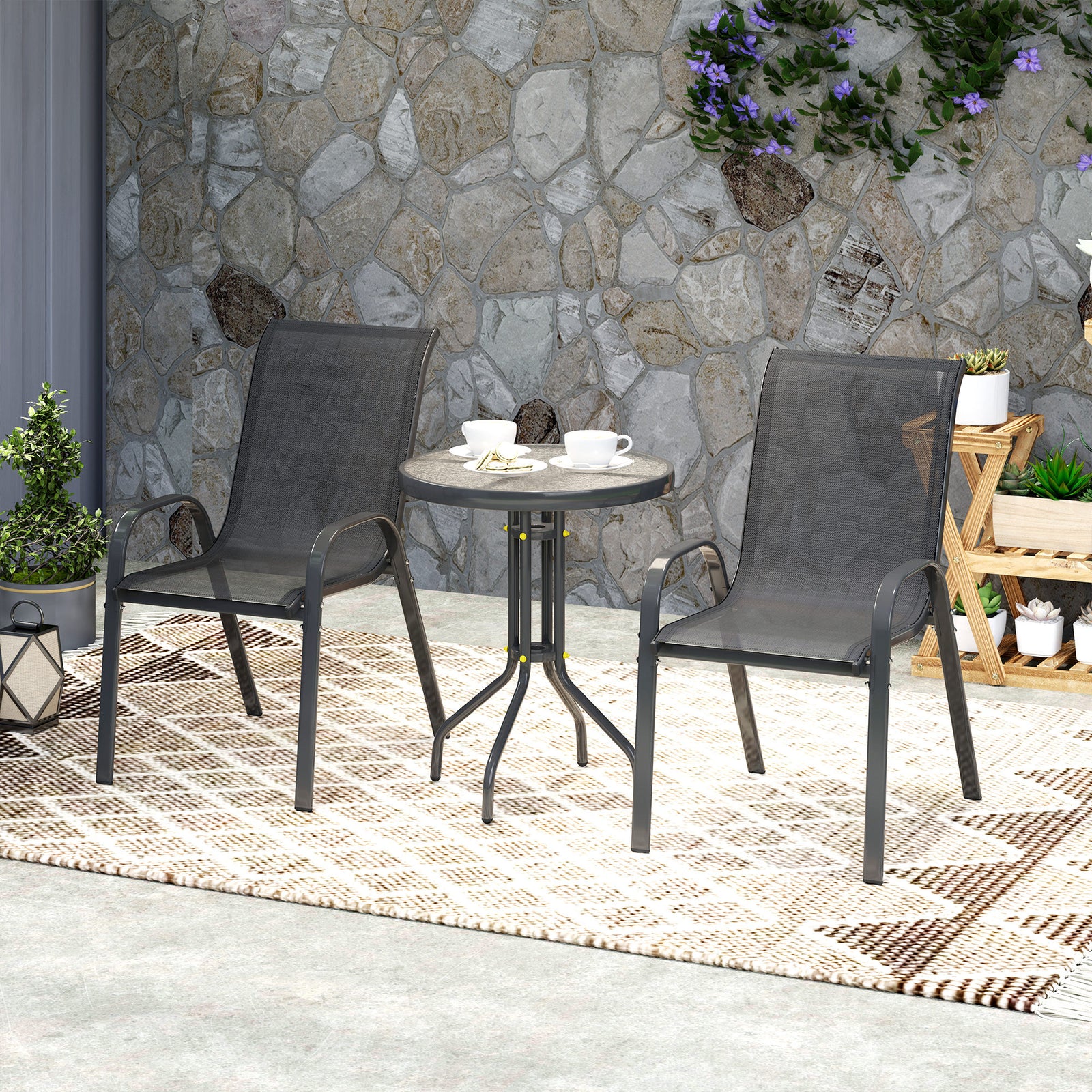Garden Bistro Set, Small Garden Set W/ Stackable Chairs | Black