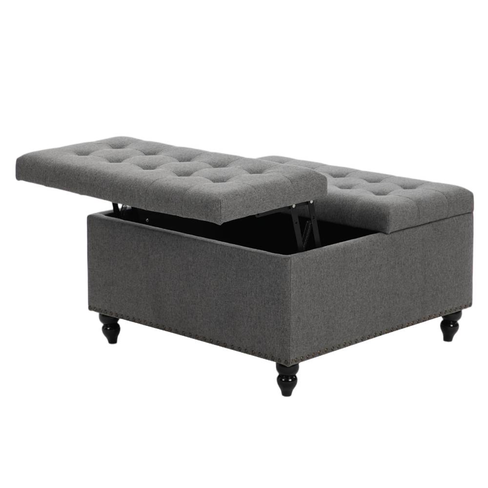 Square Linen Upholstered Storage Ottoman With Lift-top & Flip Design | Grey