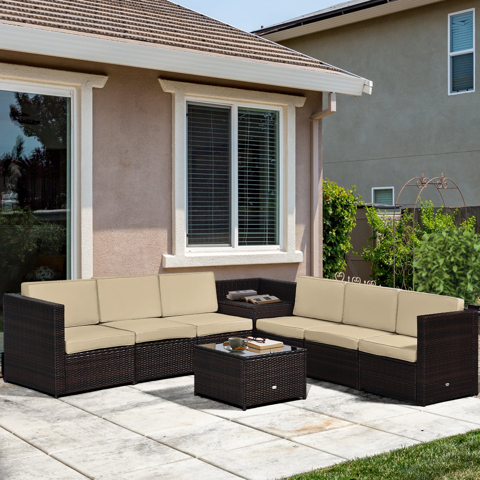 8pcs Patio Rattan Sofa Set Garden Furniture Side Table | Pale Brown