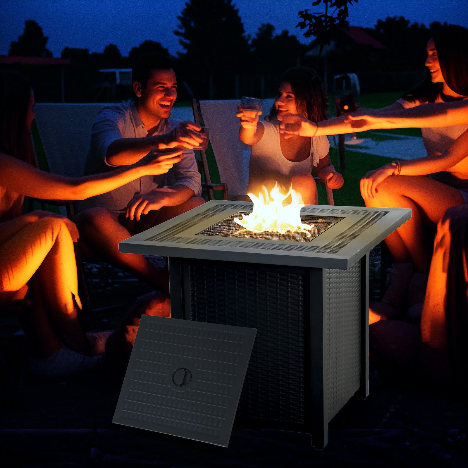 Outdoor Propane Gas Fire Pit Table W/ Lid And Lava Rocks