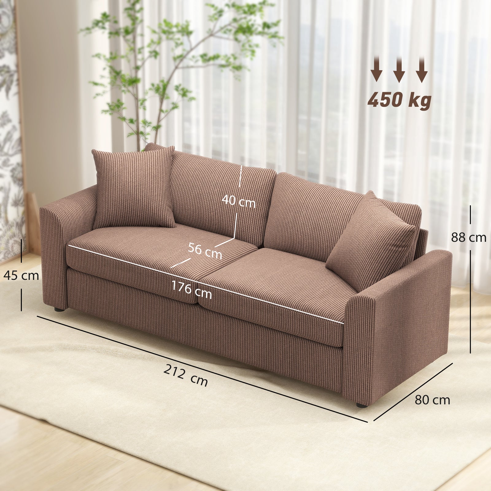 212 Cm Upholstered Jumbo Cord Sofa Couch With Spring Cushion | Brown