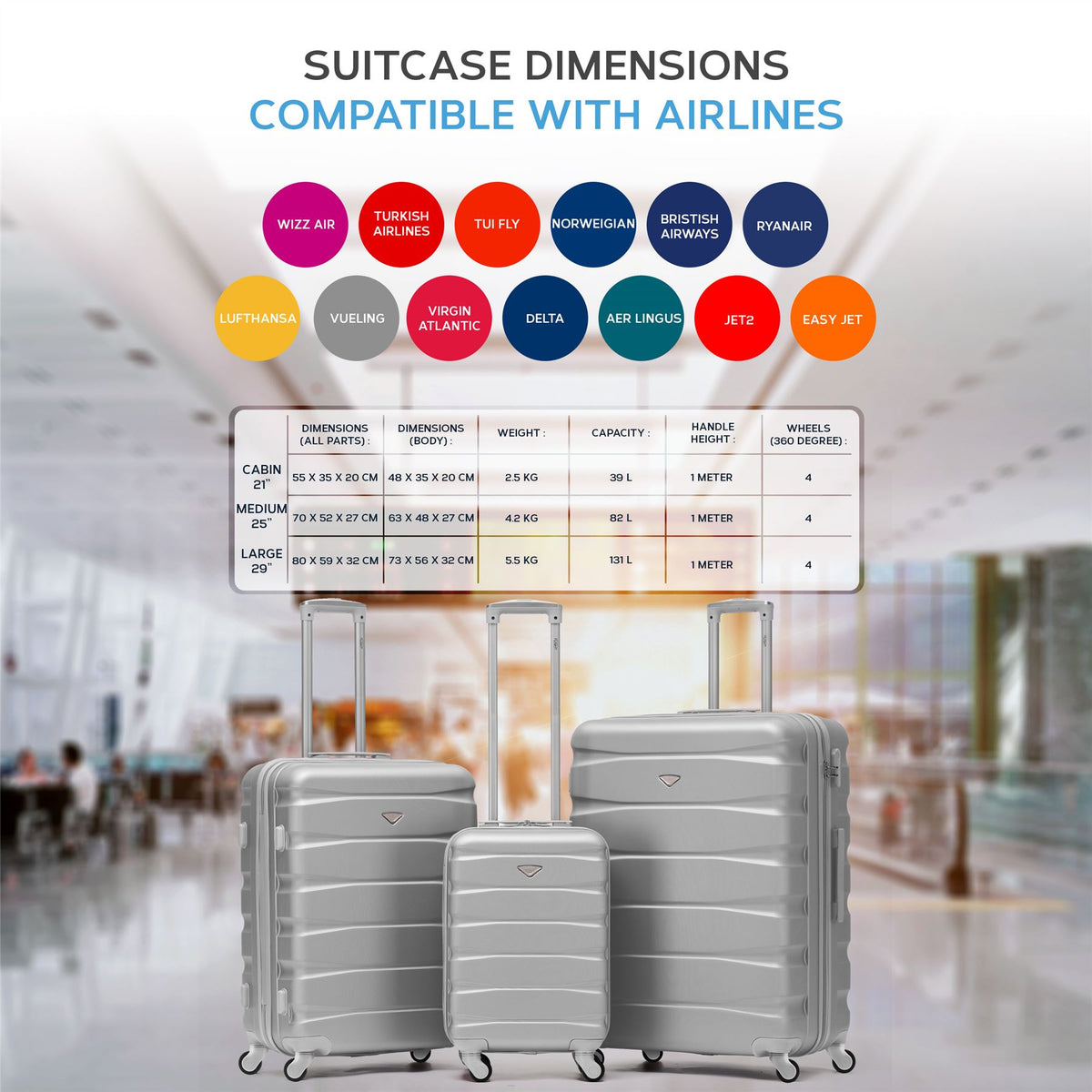 Set Of 3 Hard Shell Suitcase Cabin & Check In Cases With Tsa Lock - Overhead Cabin With Medium & Large Check-in Bag | Set of 3 | Silver