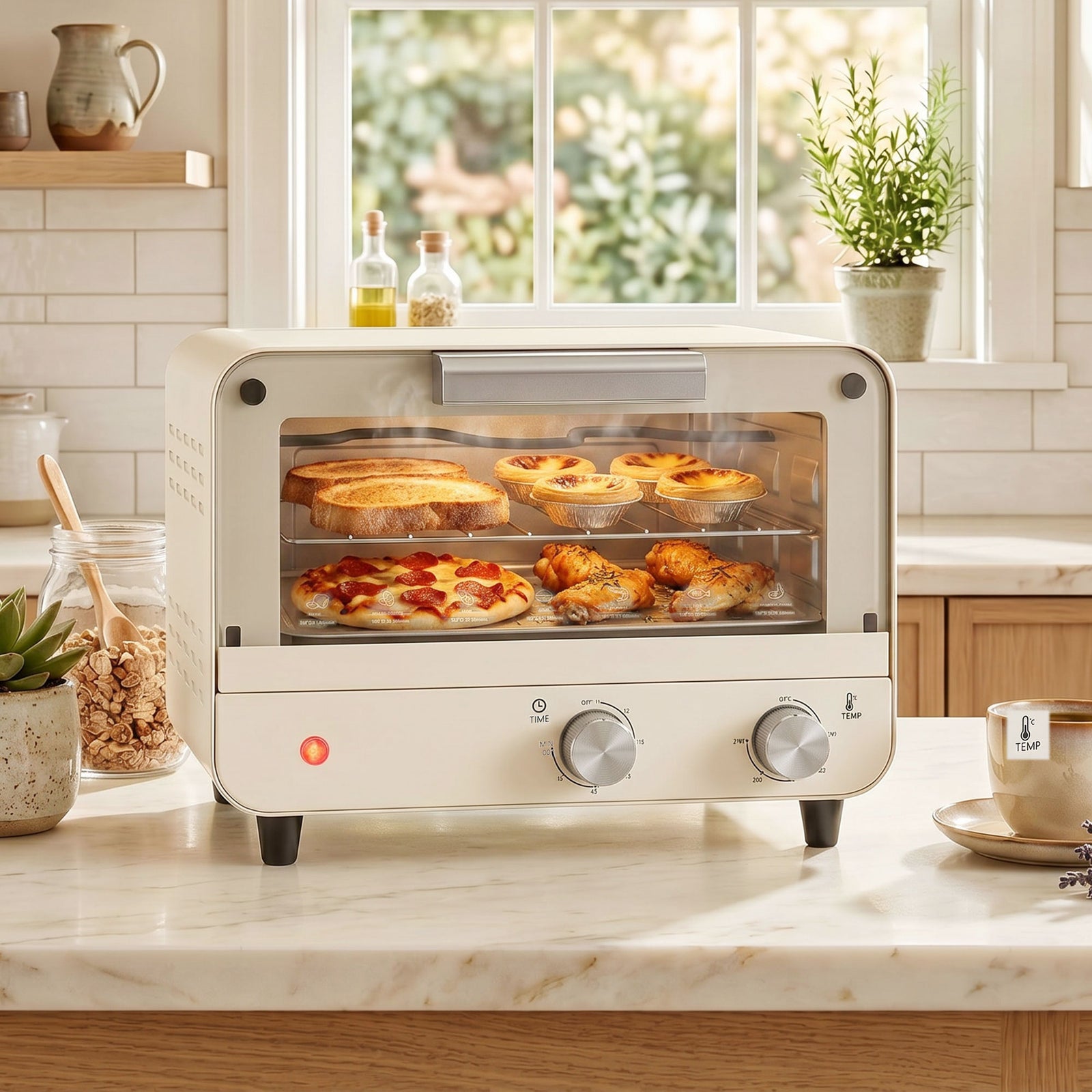 Mini Countertop Oven With Glass Door And Timer | Cream White