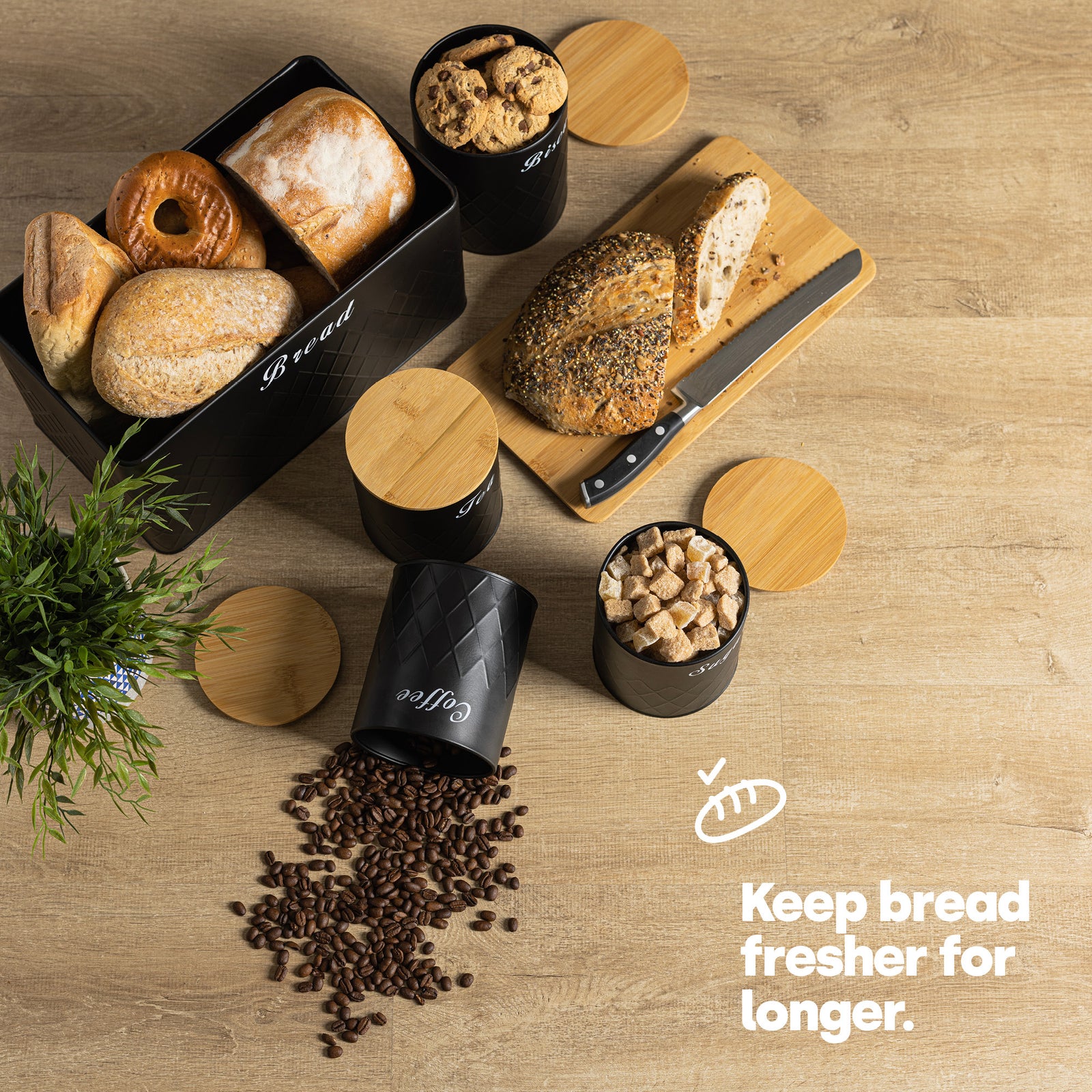 Matt Bread Bin & Canister Set - Black/bamboo