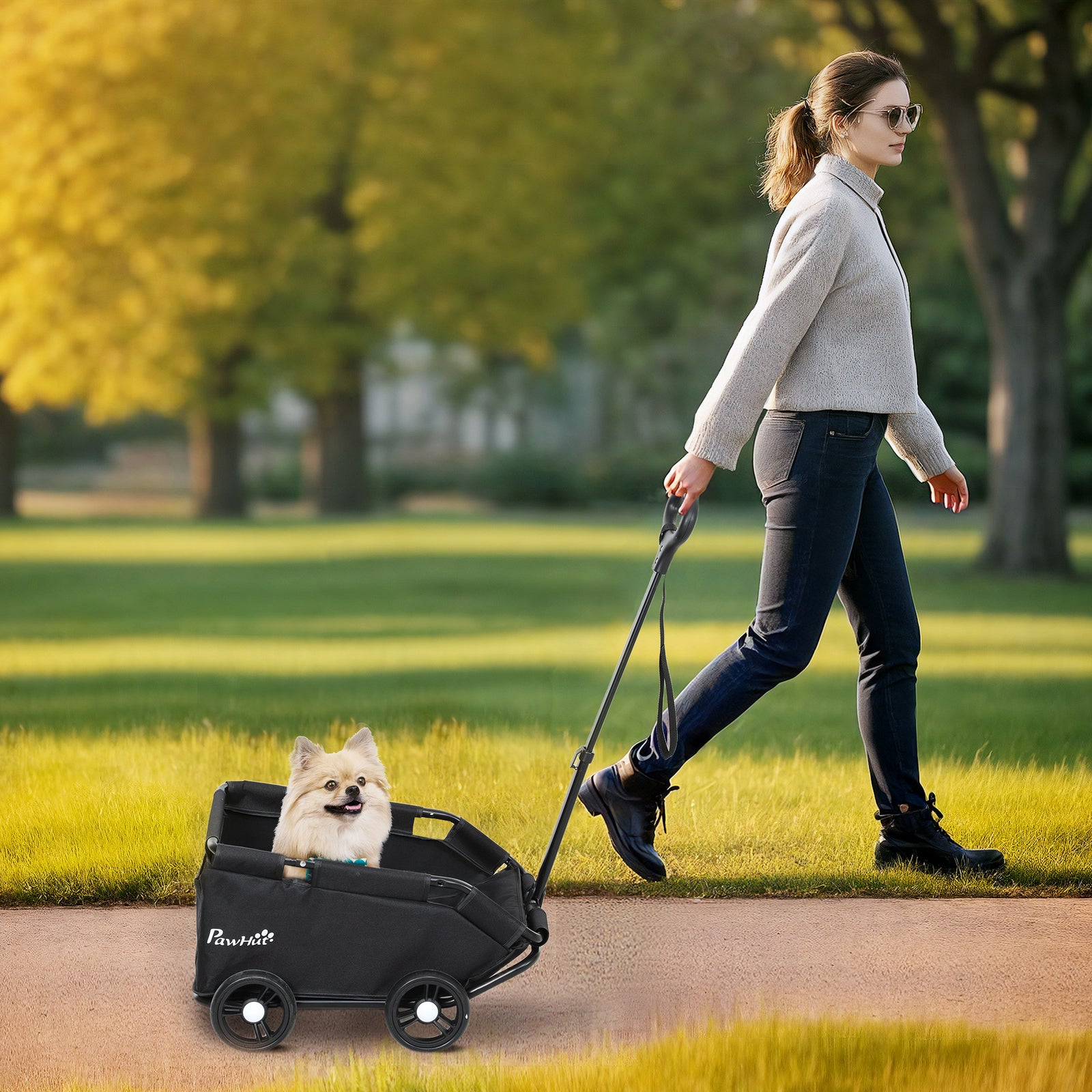 Foldable Dog Stroller With Safety Straps, Storage Bag | Black