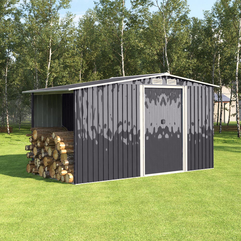 6x8ft Heavy Duty Garden Metal Storage Shed With Log Rack Outdoor Waterproof Firewood Tool Storage | Medium | Black