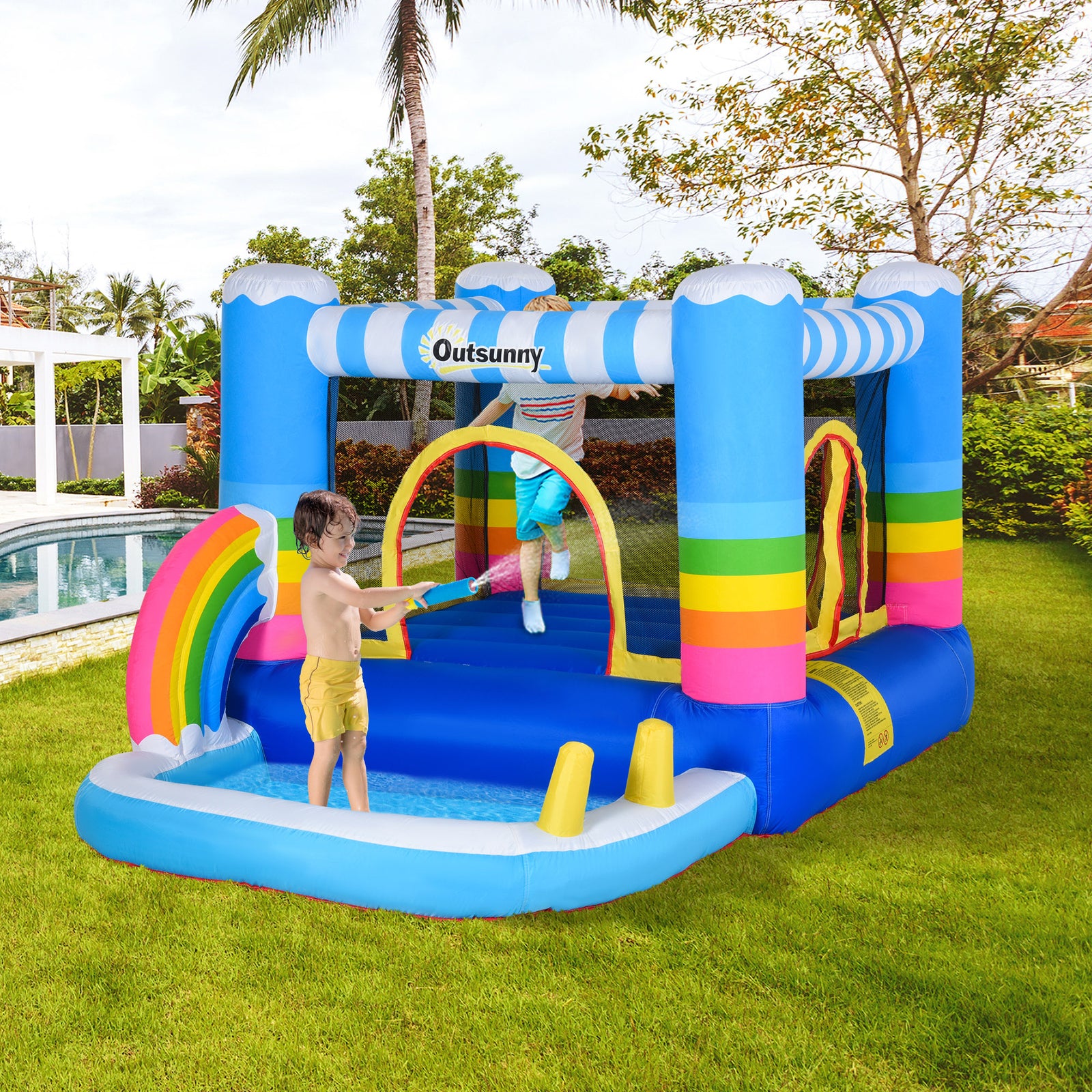 Kids Bouncy Castle With Pool Outdoor Trampoline W/ Net Blower 3-8 Yrs