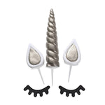Large Unicorn Cake Decoration  With 1 Horn, 2 Ears And 2 Eyelashes, Silver