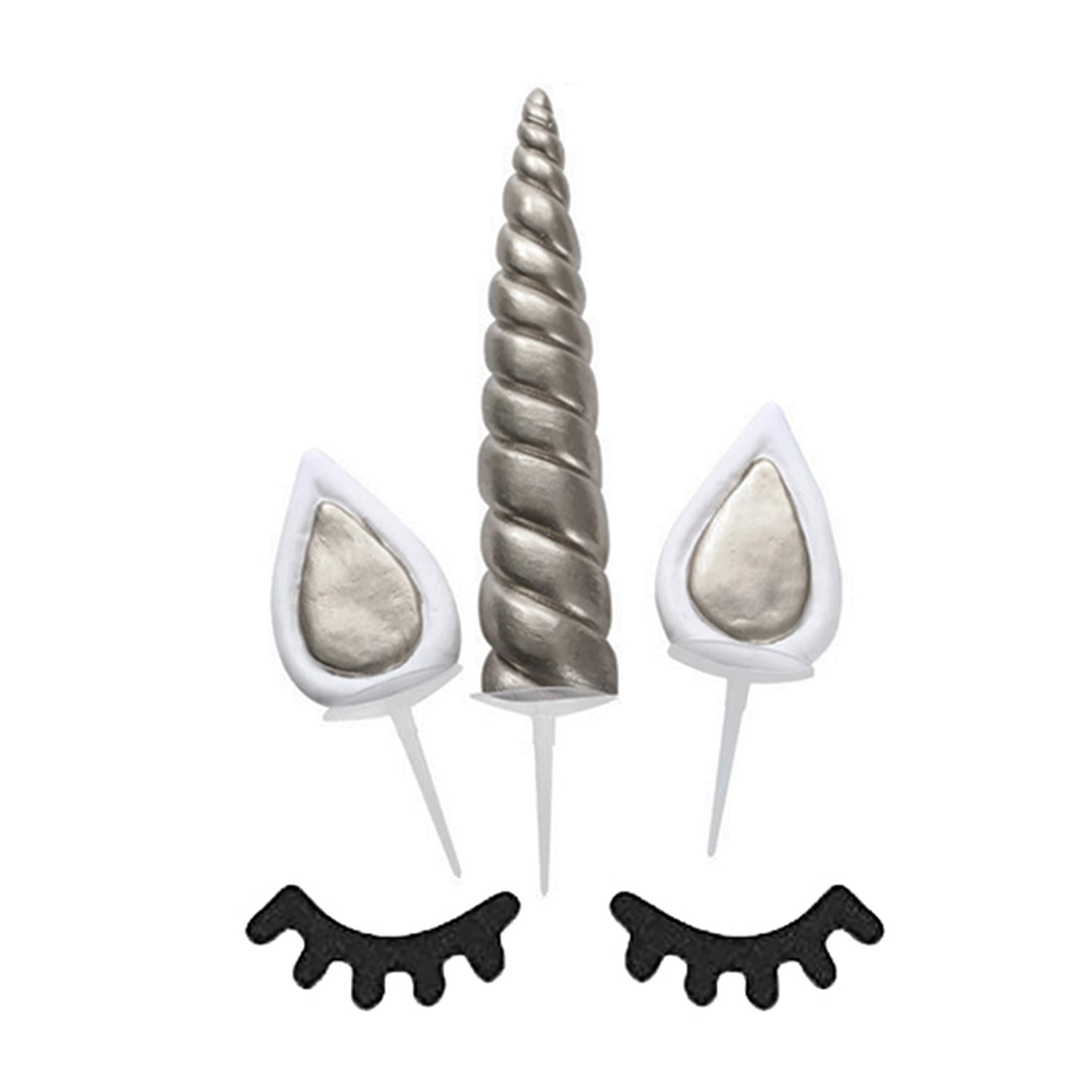 Large Unicorn Cake Decoration  With 1 Horn, 2 Ears And 2 Eyelashes, Silver