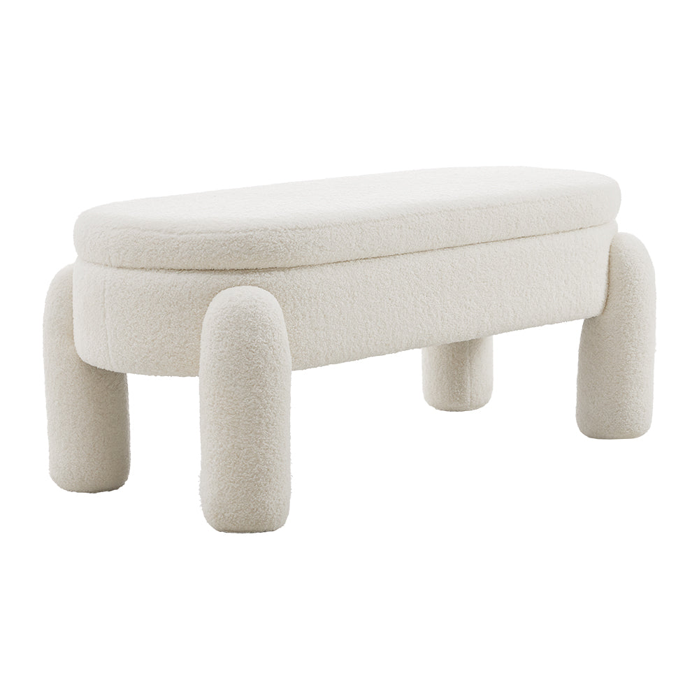 110cmW Oval Upholstered Storage Bench – White Teddy Fleece Flip-Top Ottoman Seat with Wooden Frame, Modern Nordic Style