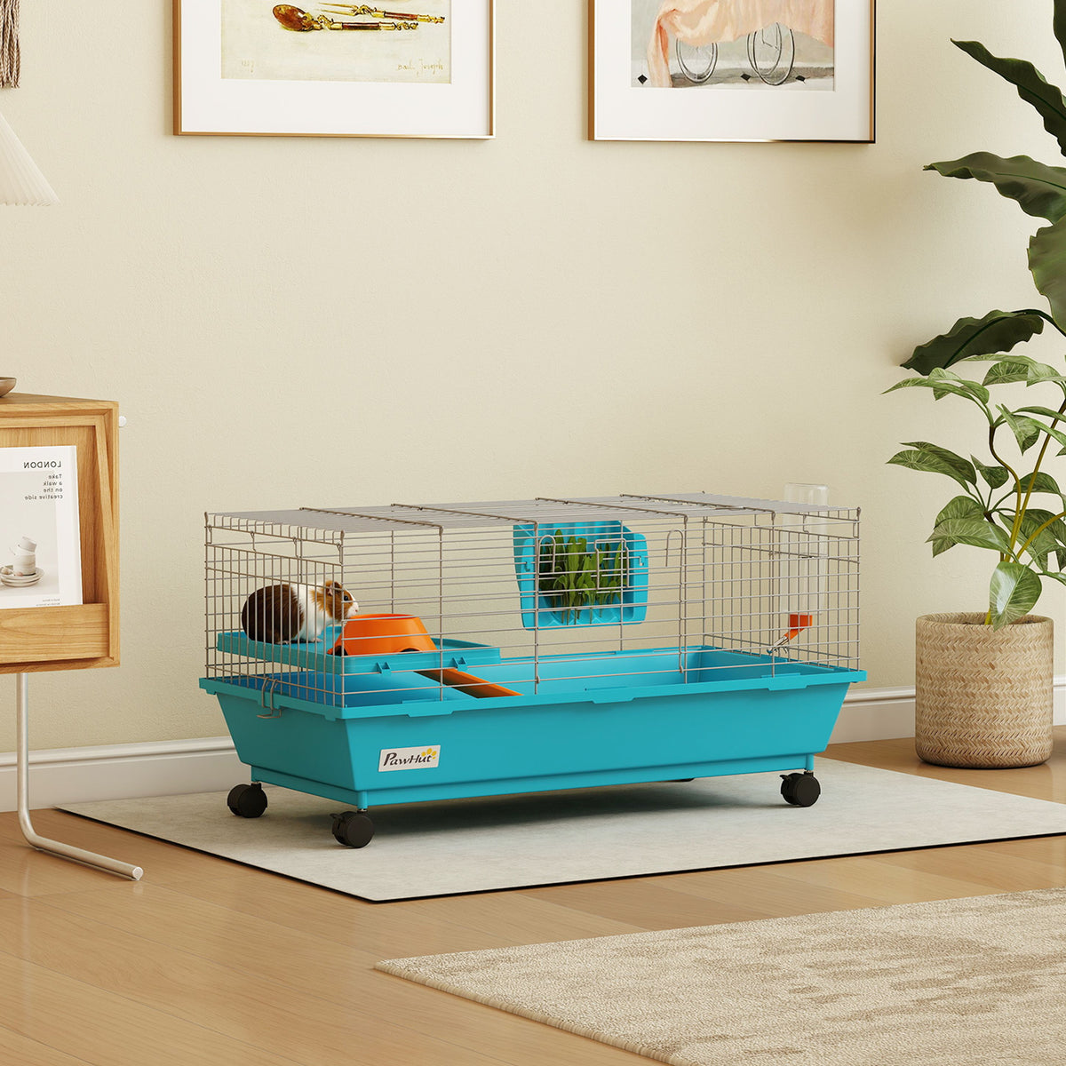 PawHut Small Animal Cage , Rabbit Cage With Wheels And Water Bottle