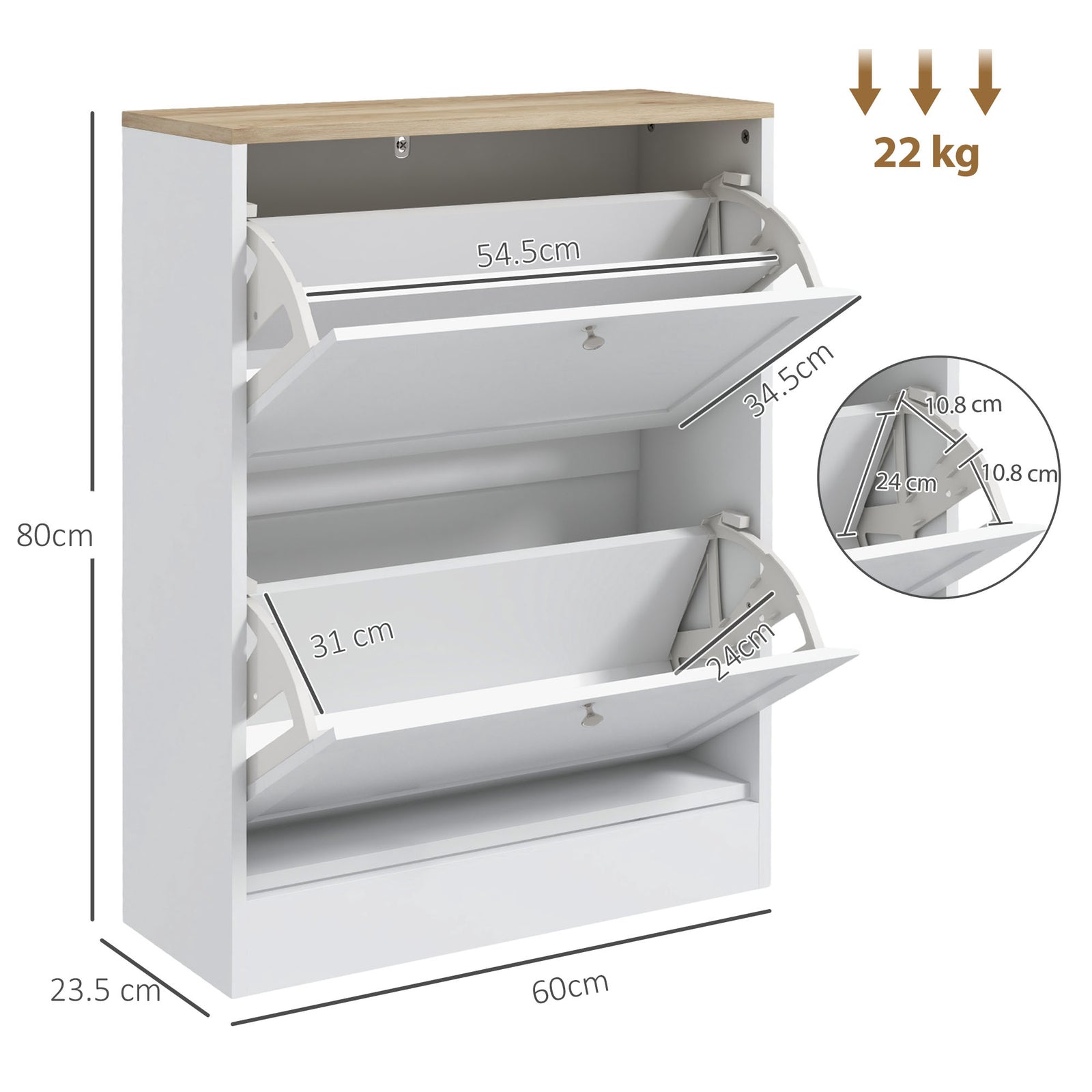 2 Flip Drawer Narrow Shoe Cabinet With Adjustable Shelves, White