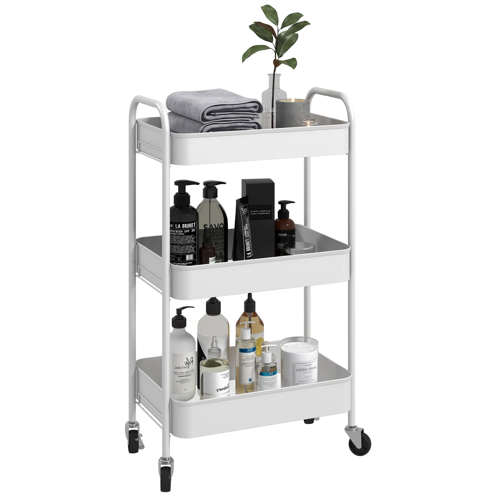 3 Tier Rolling Utility Cart With 3 Mesh Basket | One Size | White