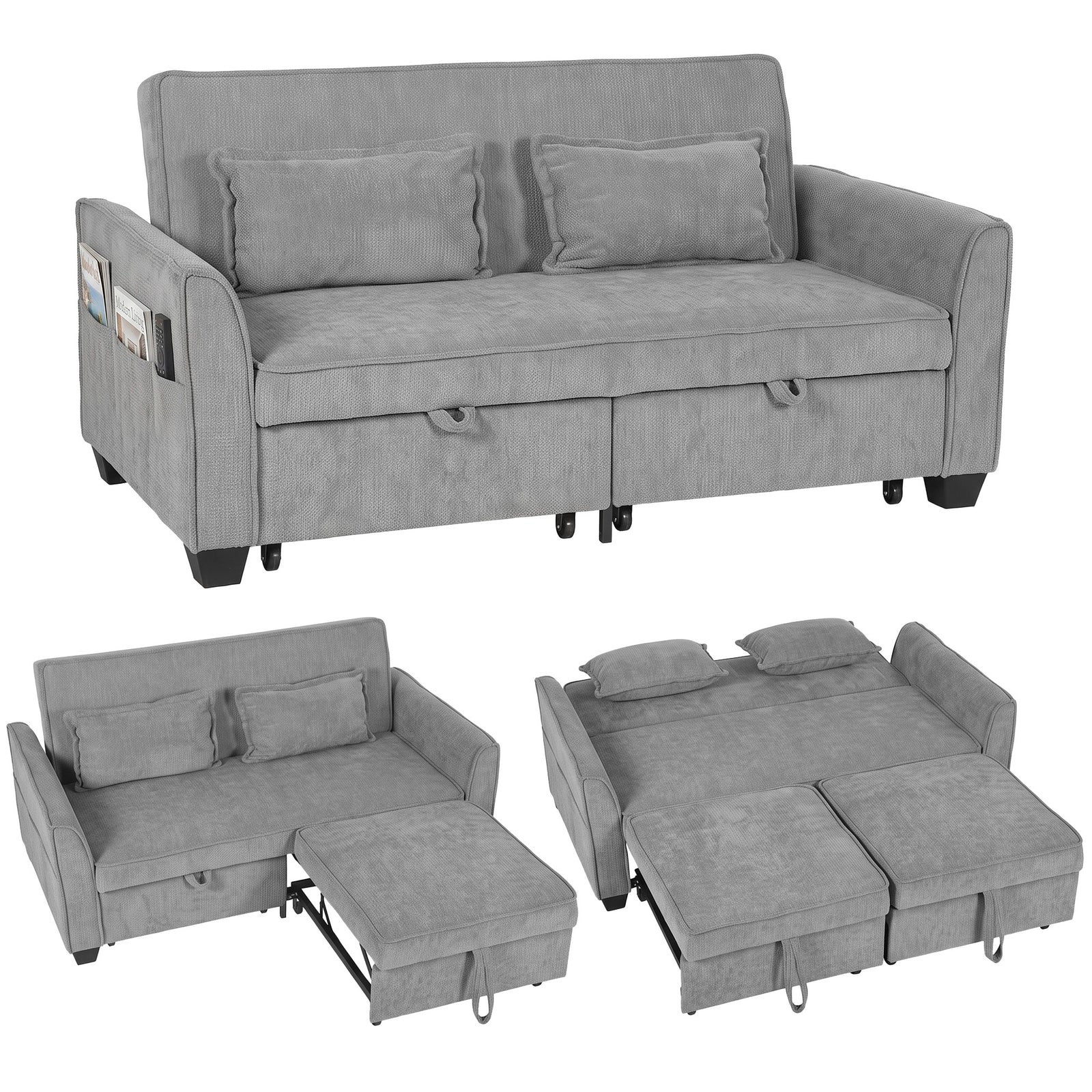 2 Seater Sofa Bed, 4-in-1 Convertible Pull Out Sleeper Sofa | Grey
