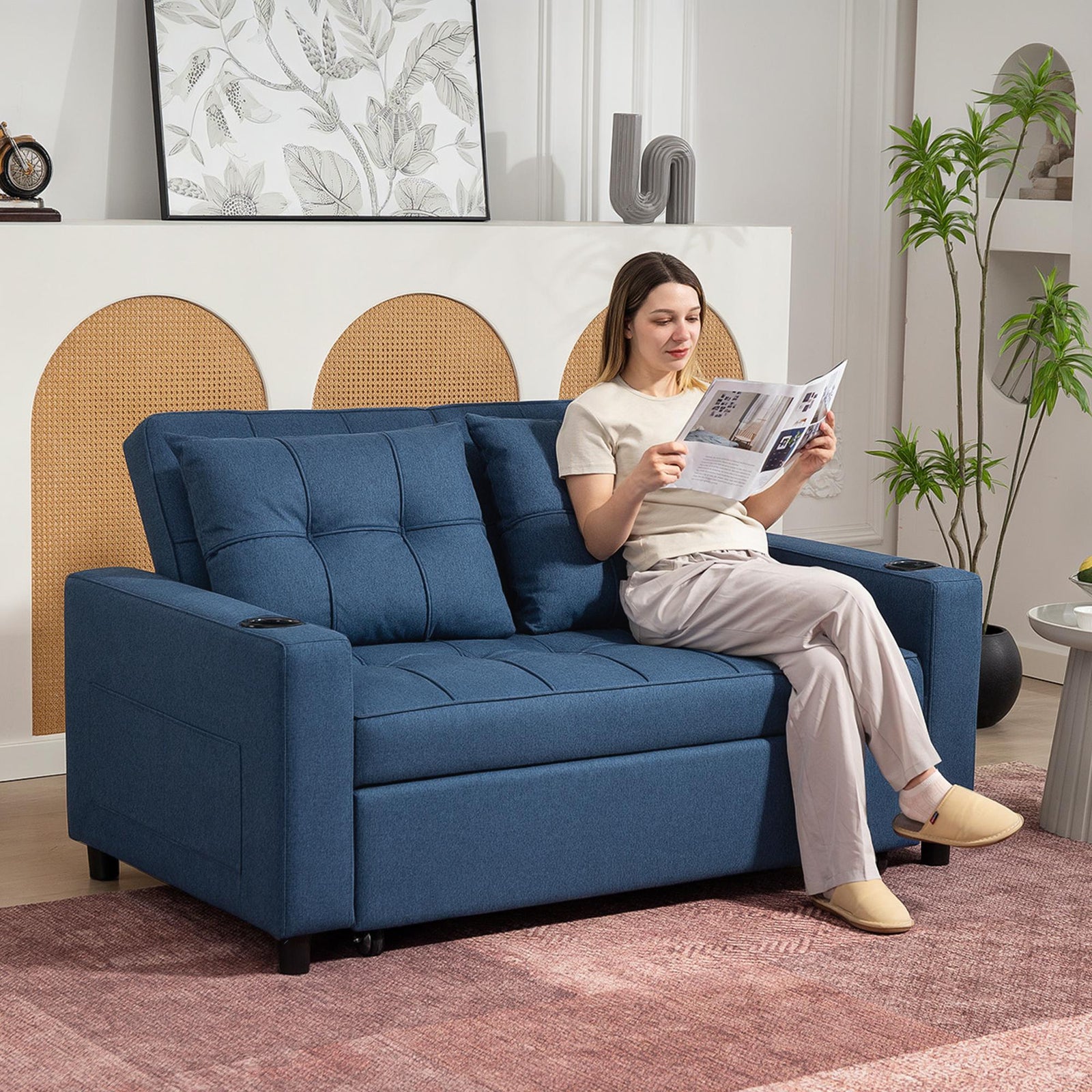 2 Seater Pull Out Sofa Bed With Pockets For Living Room Dark Blue