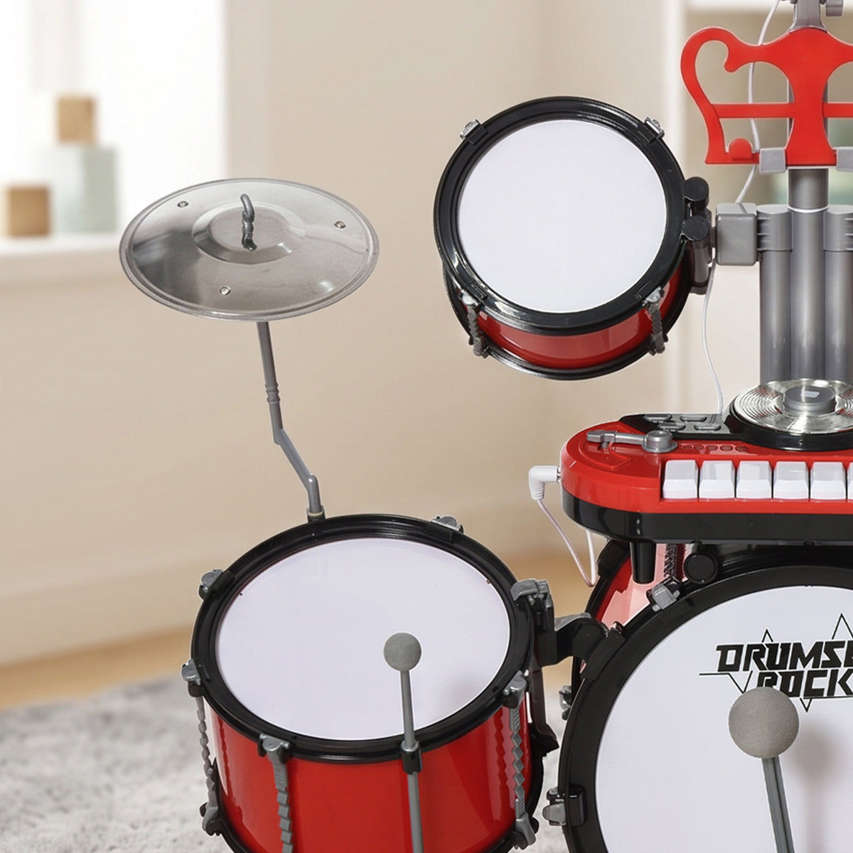 HOMCOM Kids Drum Set For Beginners With Stool, Educational Musical Toy, Red
