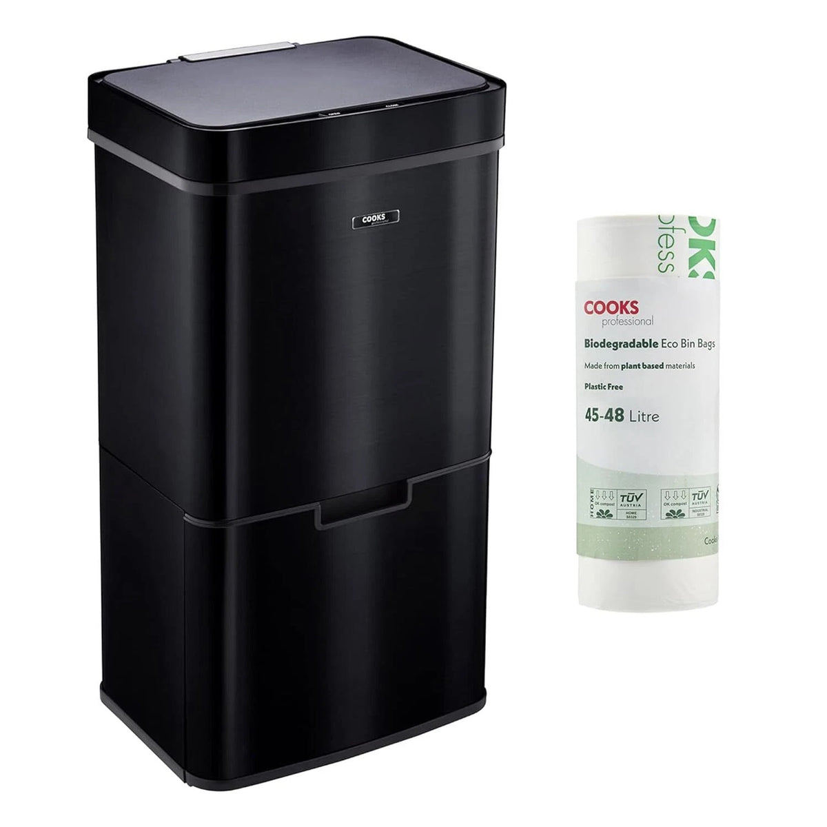 75l Sensor Recycling Bin With Food Caddy & 25 Bin Biodegradable Bags | 75L | Black