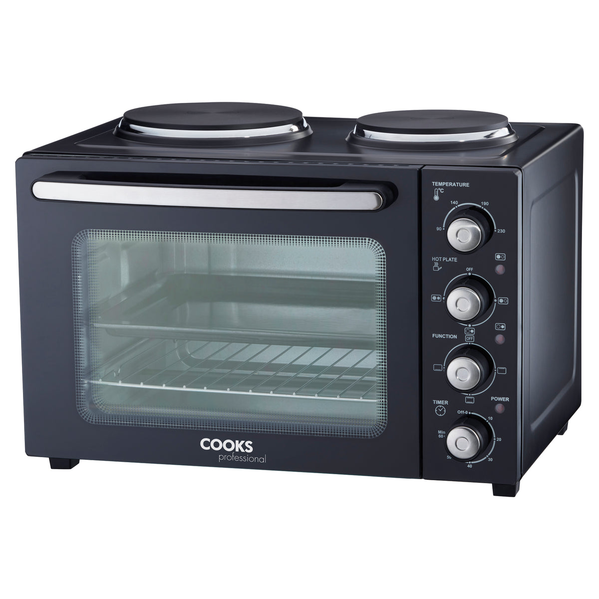 34l Mini Oven With 2 Hobs - Electric Countertop Cooker | Black & Silver