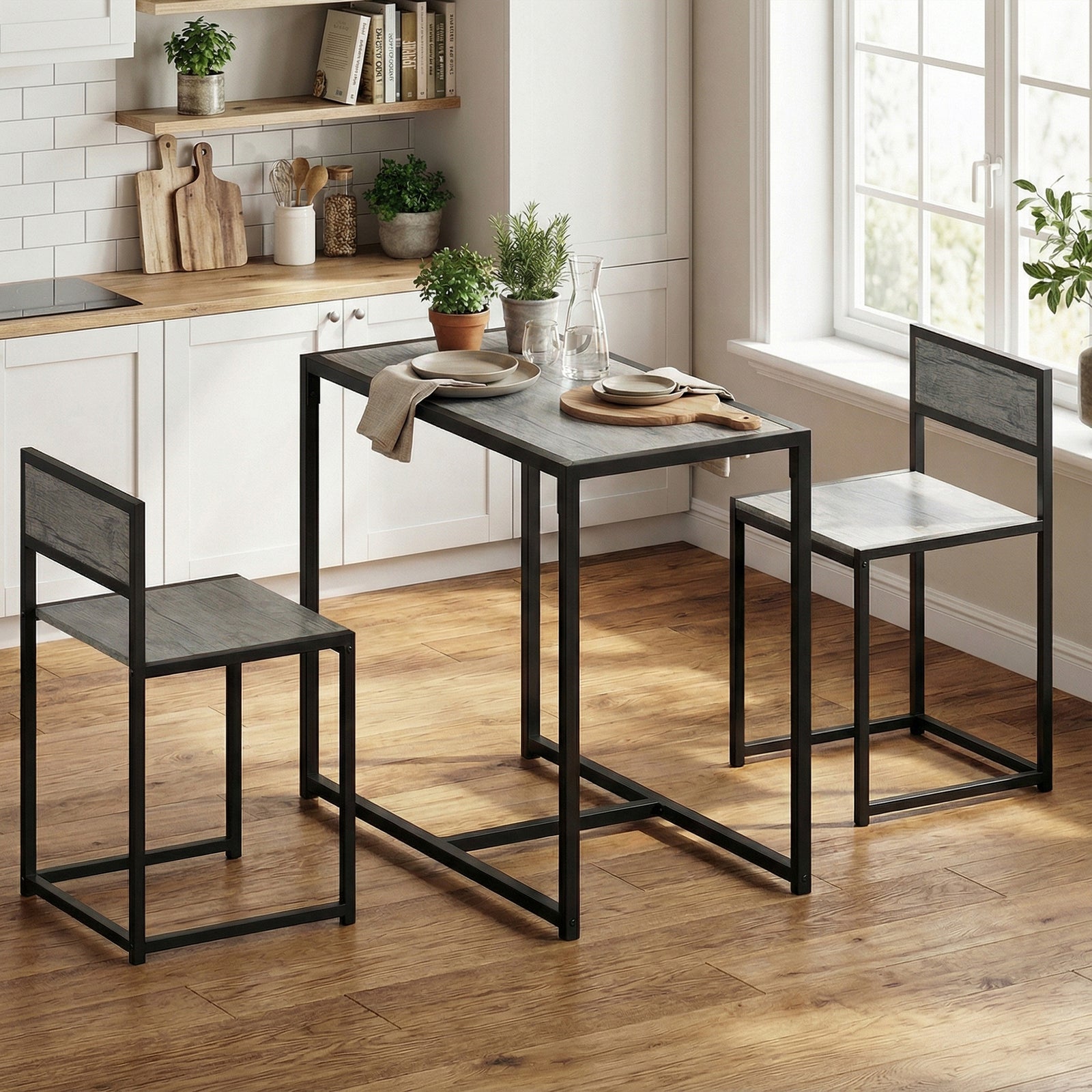 3 Piece Dining Table Set With Metal Frame | Charcoal Grey