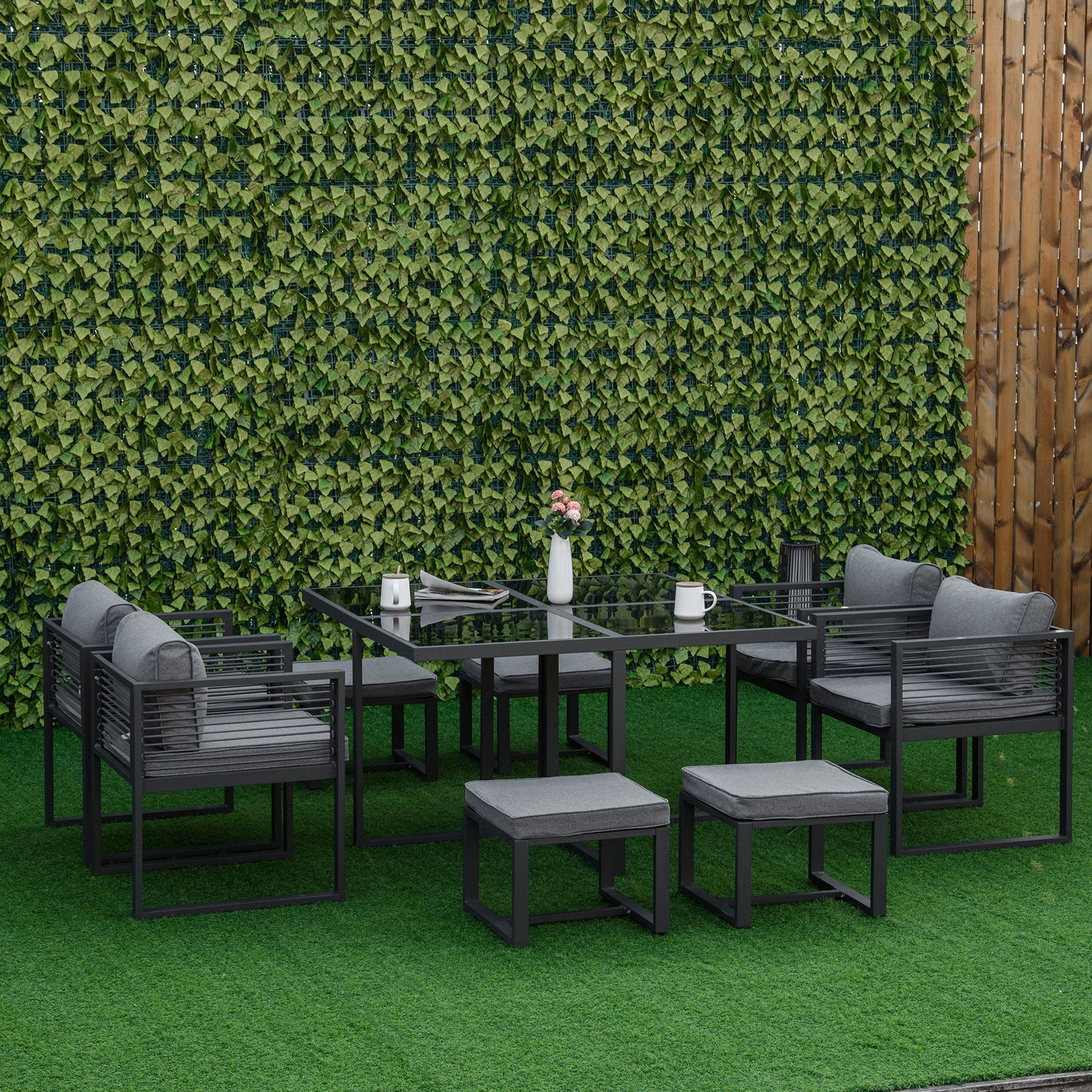 Outsunny 8 Seater Aluminium Dining Cube Set W/ Footstools
