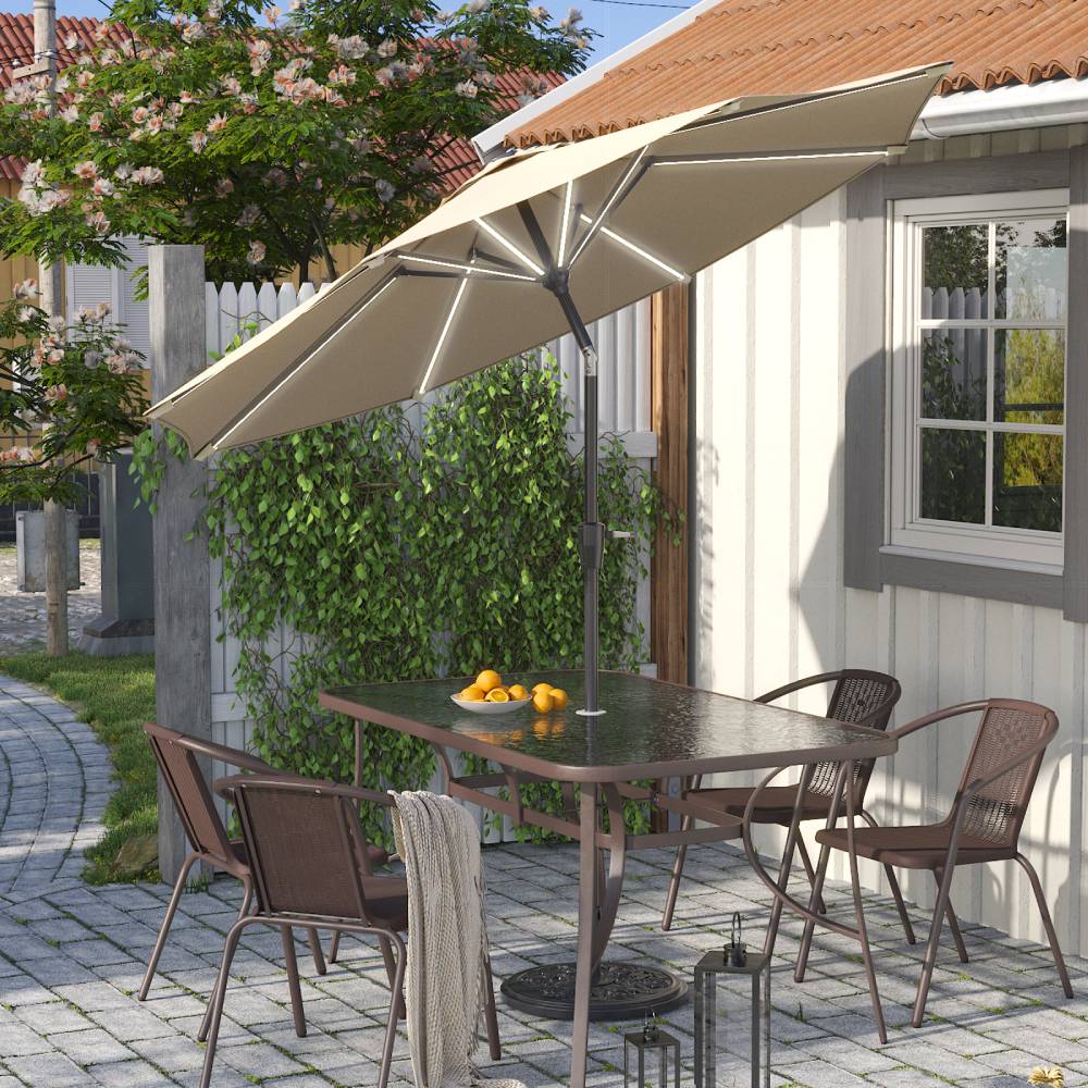 3m Solar Led Patio Umbrella, Outdoor Parasol With 16 Led Tubes, Crank Lift & Push Button Tilt With Cement Base | One Size | Beige