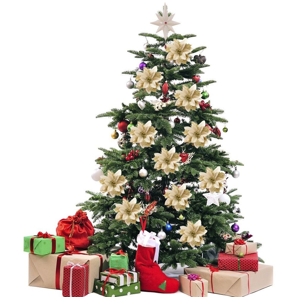 24 Pieces Artificial Christmas Tree Flowers Xmas Festive Poinsettia Flowers Ornament Set | Gold