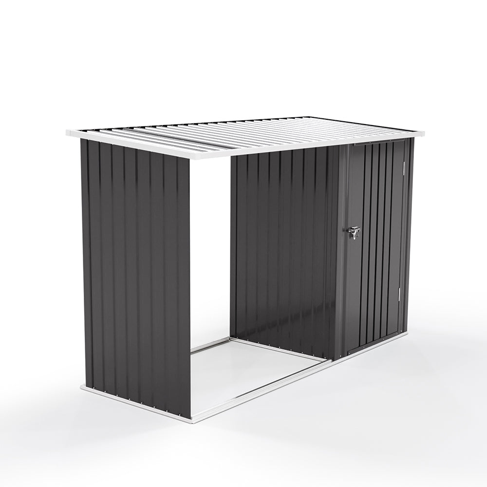 Steel Outdoor Storage Shed With Firewood Log Rack Waterproof Metal Garden Tool Organizer | One Size | Charcoal Black