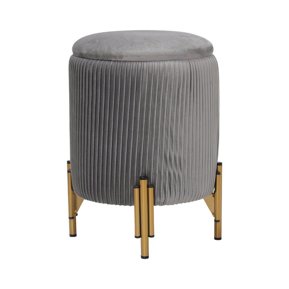 Modern Round Pleated Storage Ottoman With Metal Legs 33cm Dia X 46cm H | Grey