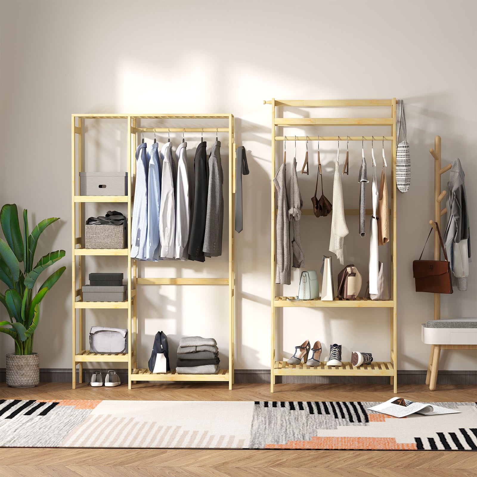 Bamboo Coat Rack W/ Hooks Hanging Rail And Storage Shelf