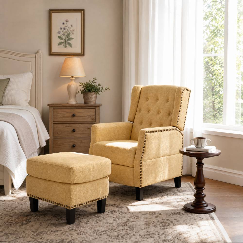 Fabric Upholstered Sofa Pushback Reclining Chair Armchair With Footstool | Yellow