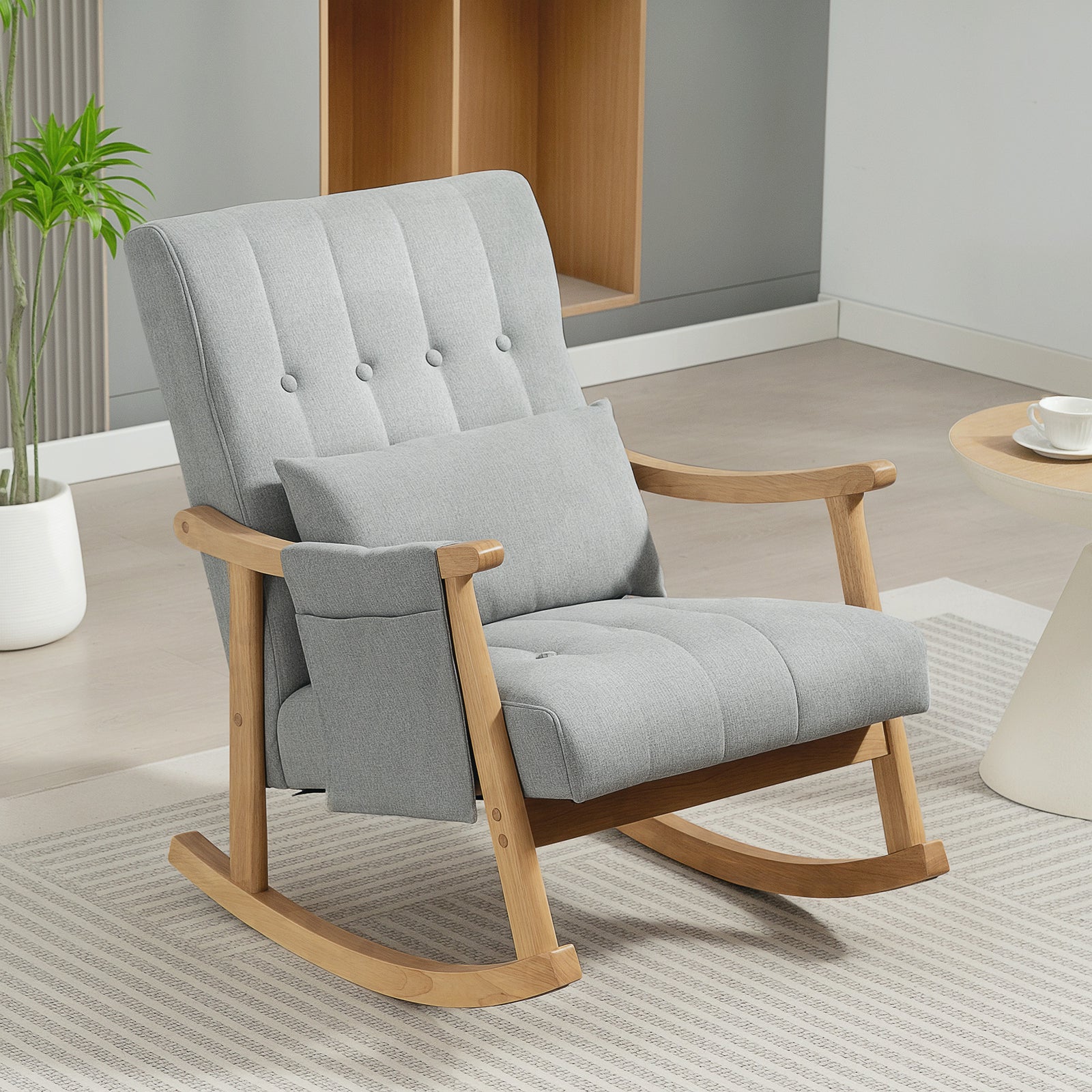 Modern High Back Rocking Chair With Solid Wood Legs | Light Grey