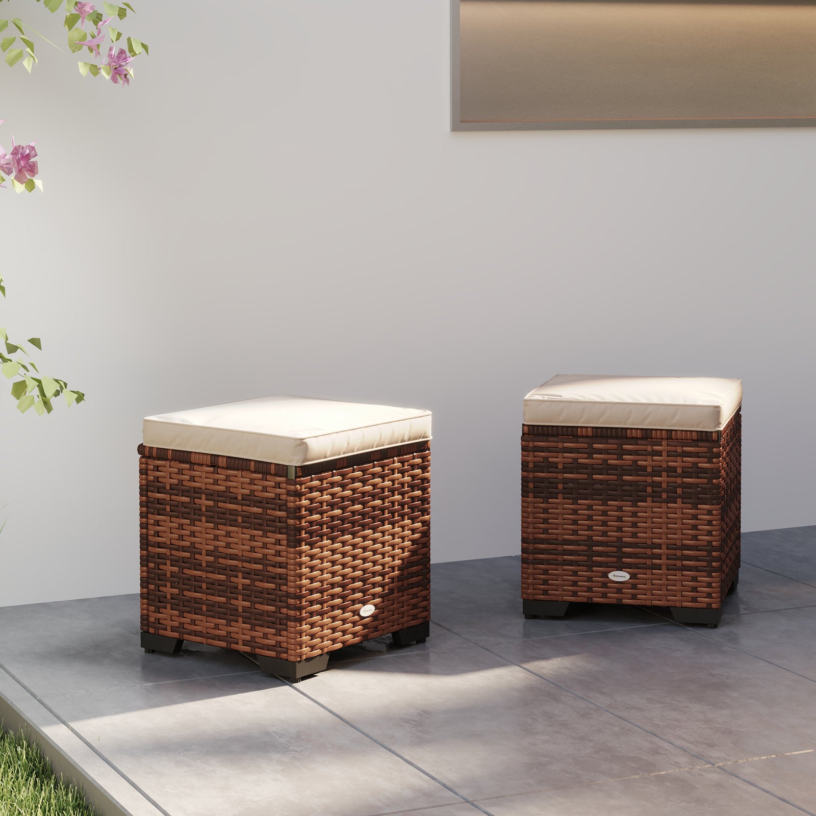 Set Of 2 Rattan Footstool, Storage Ottoman W/ Cushions | Beige