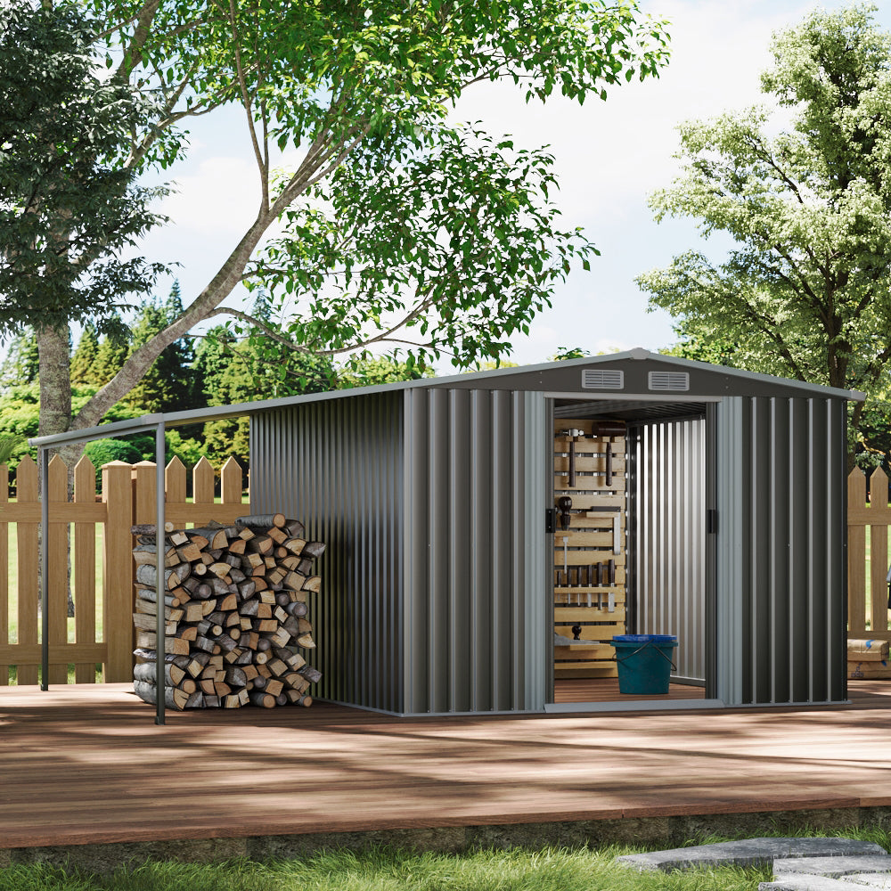 8x8ft Galvanized Steel Garden Shed With 1.1m Lean-to Extension & Shelves – Heavy Duty Outdoor Storage Shed With Firewood Roof & Ample Space