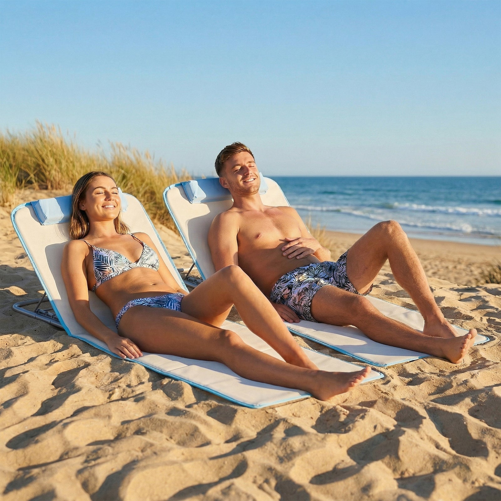 2pc Outdoor Beach Mat Steel Reclining Chair Set W/ Pillow | Cream
