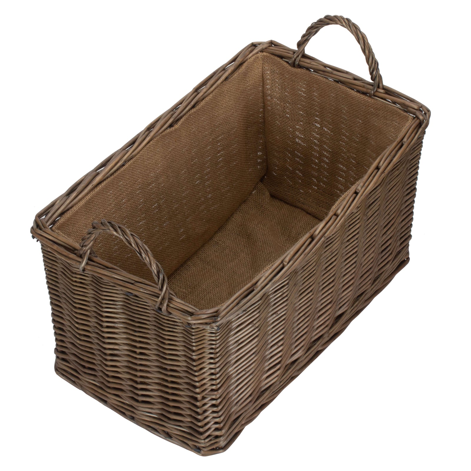 Wicker Antique Wash Rectangular Hessian Lined Basket | Small | Brown
