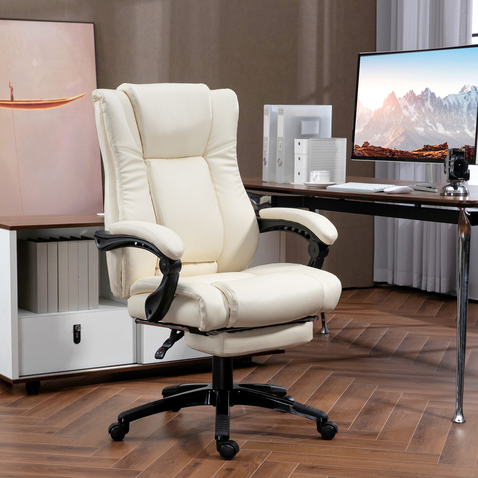 Pu Leather Office Chair W/ Foot Rest | Cream