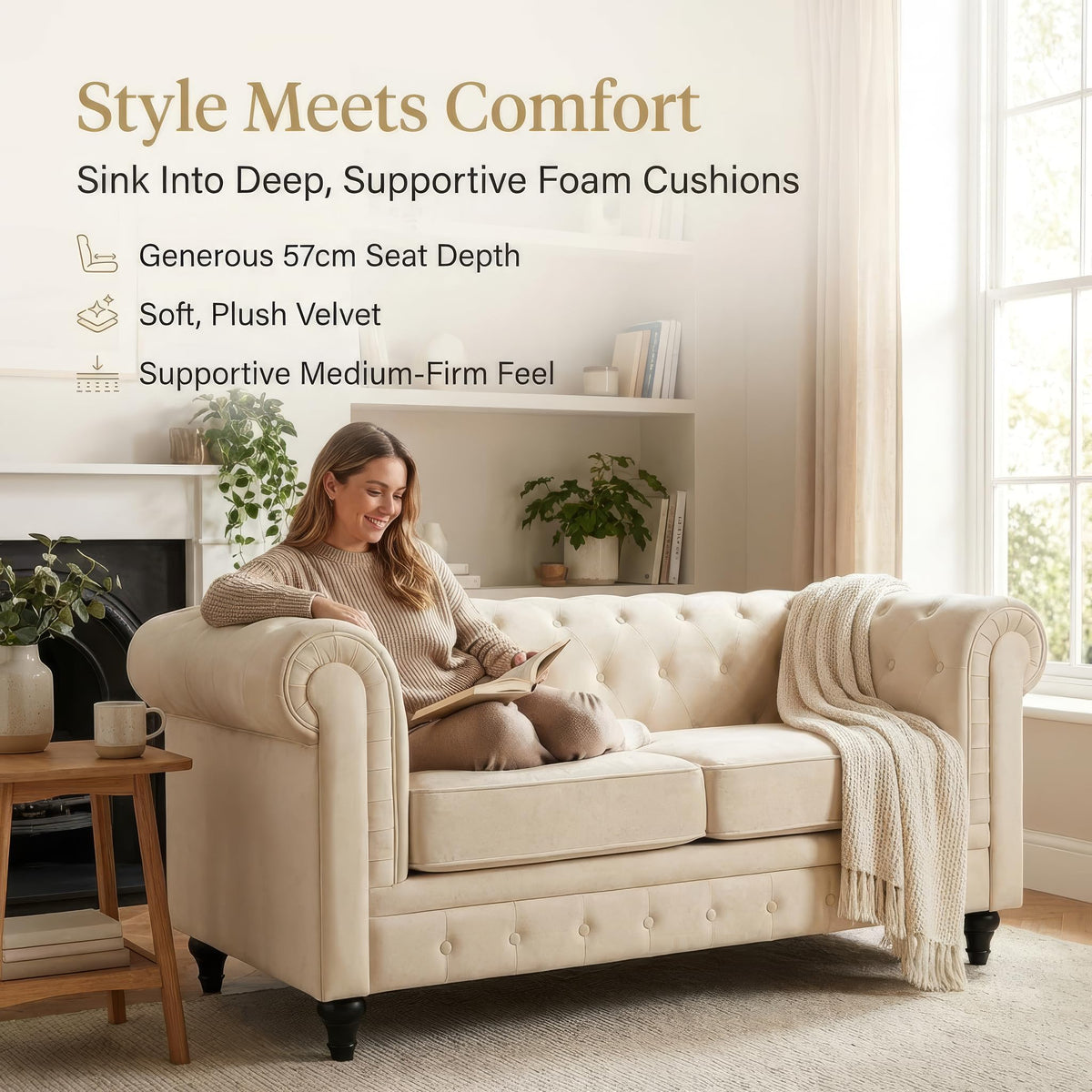 Chesterfield Scroll Arm Velvet Sofa 2 Seater | Beige