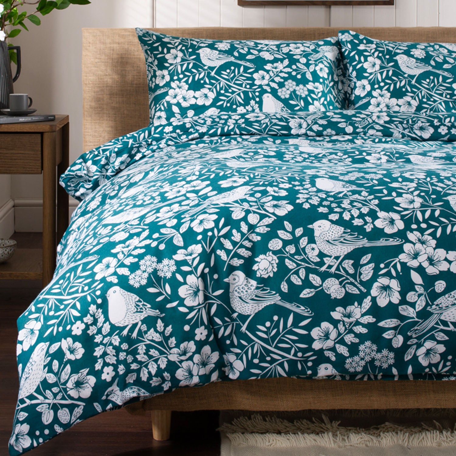 Woodland Bird Printed Design Brushed Cotton Duvet Set | Super King | Green