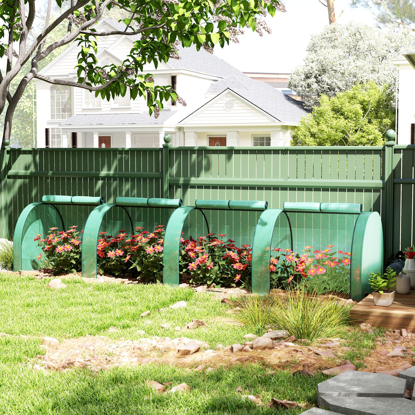 Tunnel Greenhouse Steel Frame For Garden W/ Zipper Doors | Green