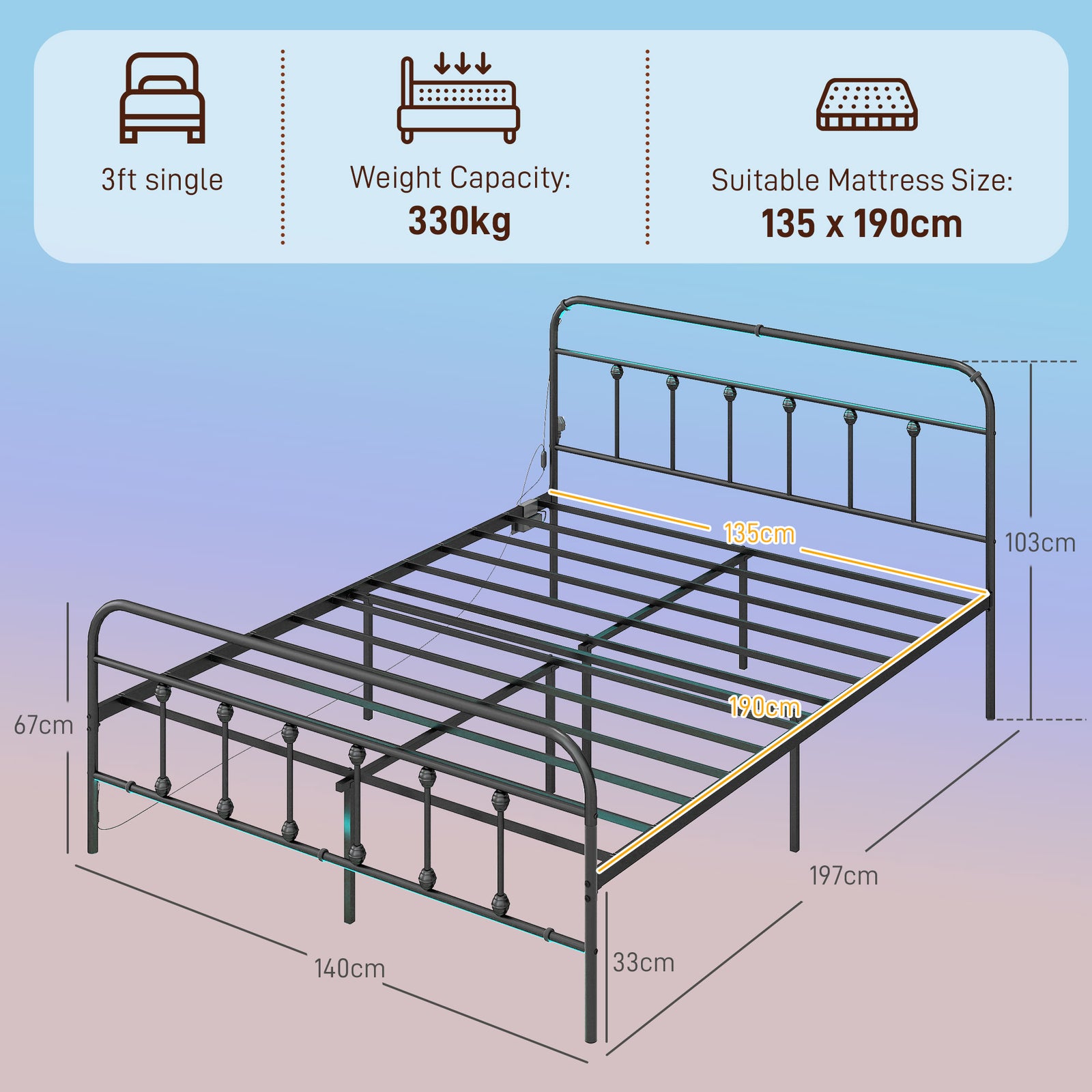 Bed Frame With Led Lights And Charging Station | Double | Black