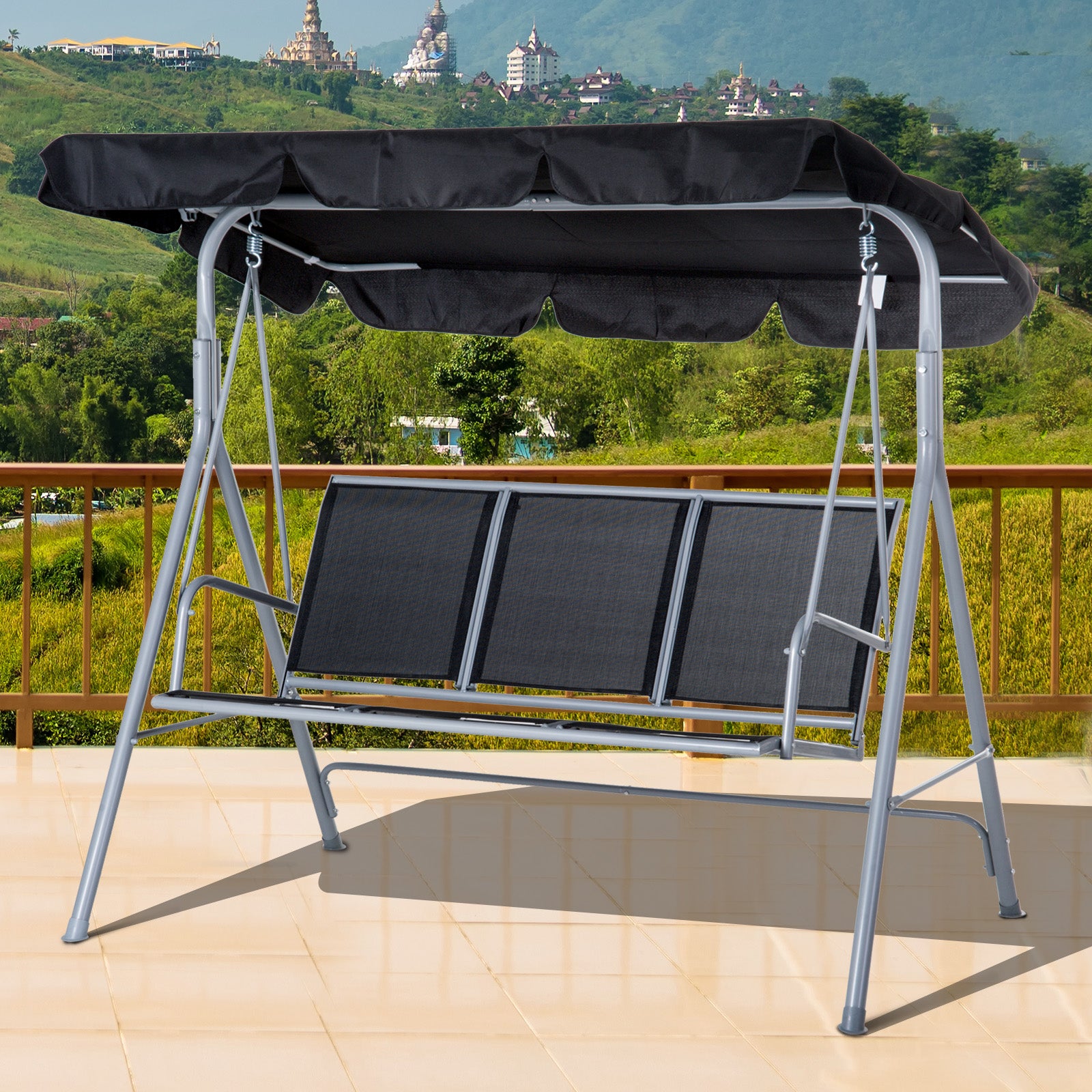 Metal Swing Chair Garden Hammock 3 Seater Patio Bench Canopy | Black