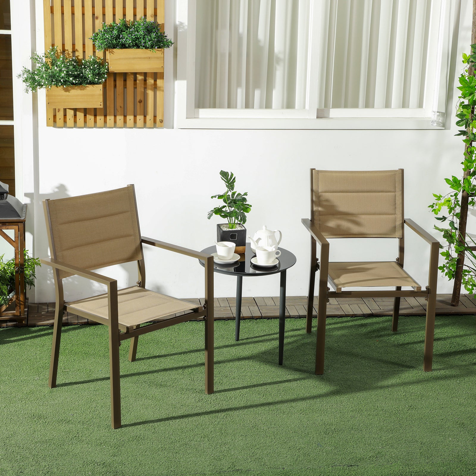 2 Pcs Dining Chairs, Stackable Design Aluminium Outdoor | Brown