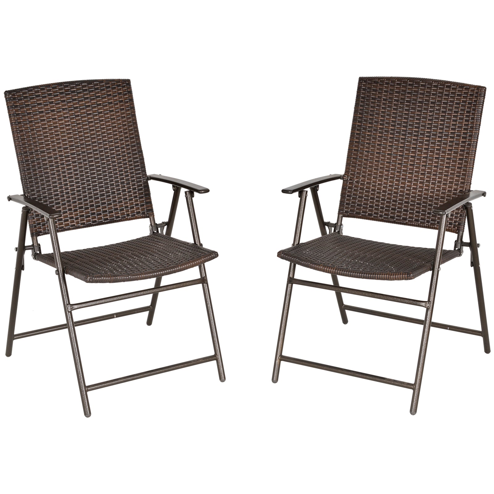 Rattan Chair Foldable Garden Furniture W/ Armrest Steel | Set of 2 | Brown