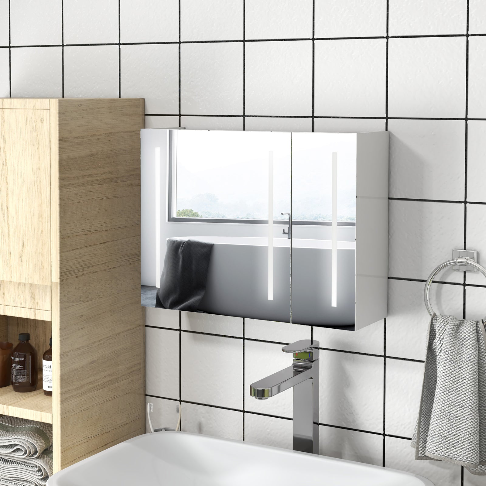Wall Mounted Bathroom Storage Cupboard With Light, Mirror