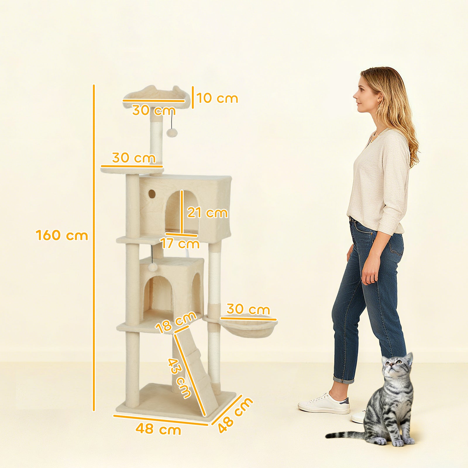 Cat Tree Tower With Sisal Scratching Posts, Condos | 160cm | Beige